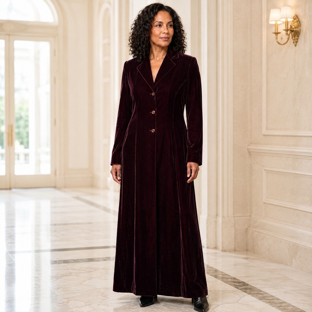 Vintage Rena Rowan Women's 12 Burgundy Silk Velvet Maxi Duster Coat